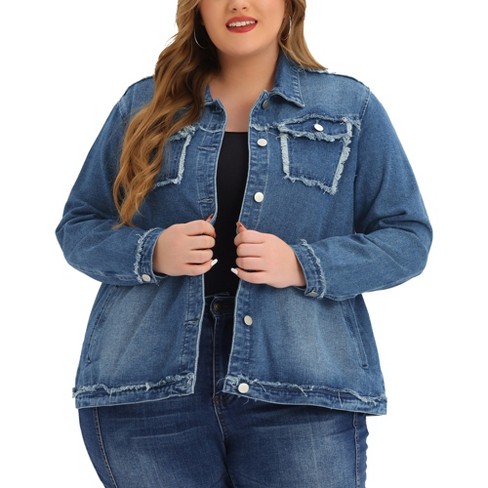 Agnes Orinda Women's Plus Size Denim Jacket Button Front Work Crop