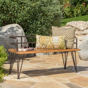 KWPZQEB Industrial Metal Table/Bench, Farmhouse Outdoor Table with Wooden Top & Metal Frame, Square Side Table, Small Accent Table for Backyard, Lawn - 1 of 4