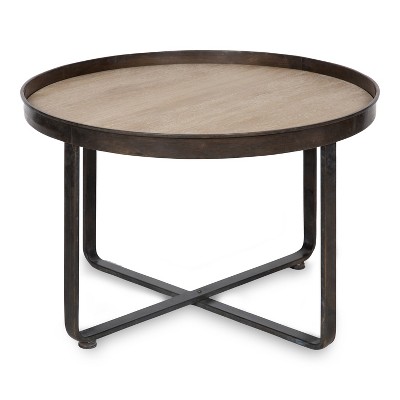 Zabel 30" Round White Oak and Black Metal Coffee Table