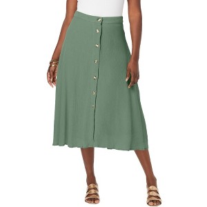 Jessica London Women's Plus Size Button-Front Gauze Midi Skirt - 1 of 4