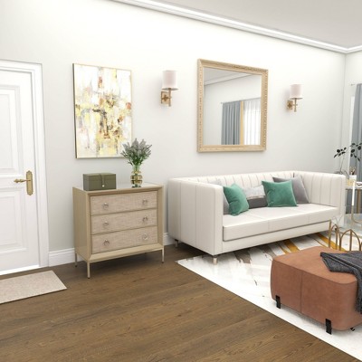 Beige Upholstered 3 Drawer Chest with Mirrored Top and Ring Handles