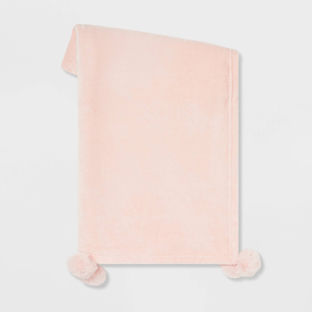 Plush Throw Blanket with Faux Fur Pom-Poms Blush - Opalhouse