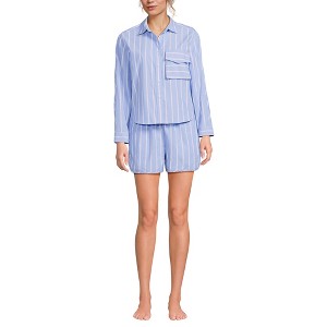 Lands' End Women's Cotton Poplin 2 Piece Pajama Set - Long Sleeve Top and Shorts with Piping - 1 of 3