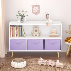 ORRD Kids Bookcase with 3 Collapsible Fabric Drawers, White and Purple Toy Storage Organizer & Display Shelf for Playroom - 1 of 4