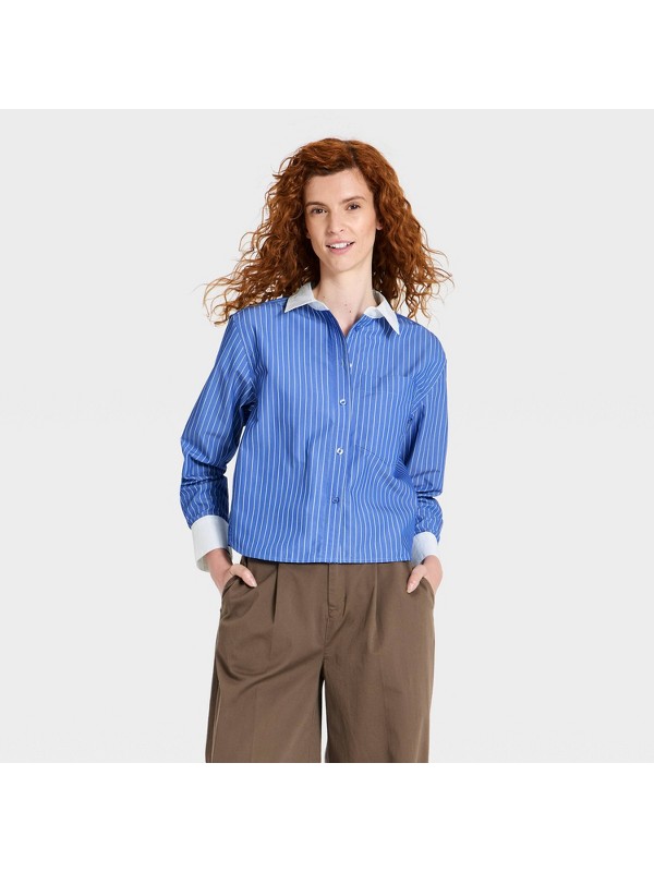 Collared Button-Up Top — Blue striped