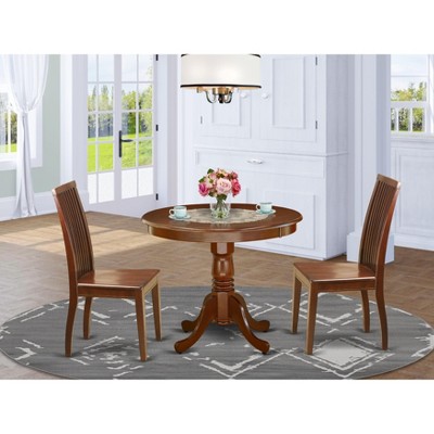 East West Furniture ANIP3-MAH-W 3Pc Rounded 36 Inch Table And Two Solid Wood Seat Dining Chairs