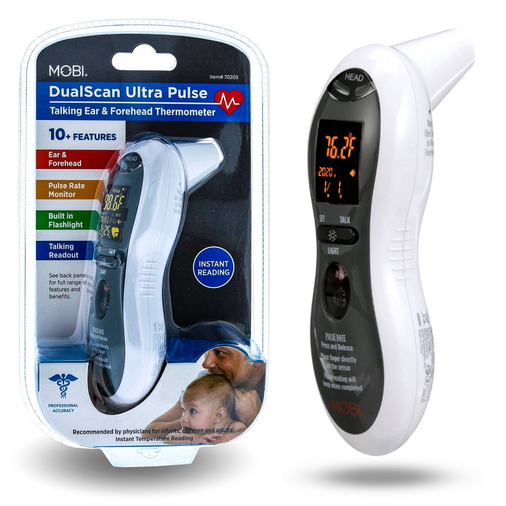 MOBI Ultra Pulse Digital Thermometer Talking Ear and Forehead Temp with Soft Probe Tip for All Ages