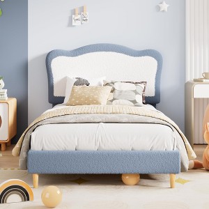 Upholstered Twin/Full Bed Frame for Kids with Scallop Headboard, Cute Velvet Low Bed Frame for Girls, Boys, Sturdy Platform Bed - 1 of 4