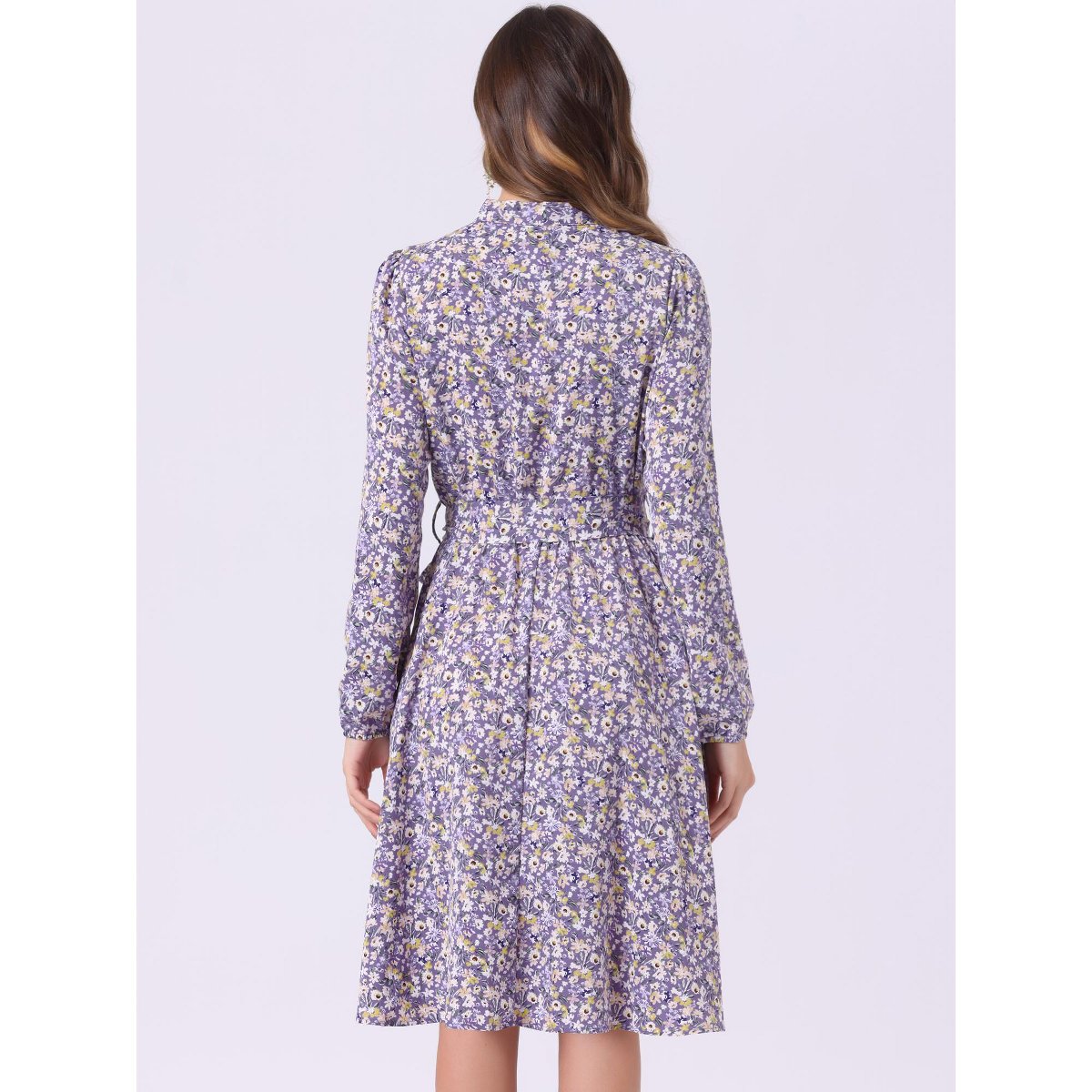 Женские платья INSPIRE CHIC Women's Tie Neck Chiffon Long Sleeves Vintage Belted Floral Dress Large Purples — фото 4