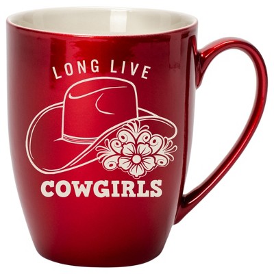 100 North Floral Western Hat 10 Ounce Cardinal Red Metallic Finish, Comfortably Fits Your Hands, New Bone China Coffee Tea Cup Mug, Long Live Cowgirls