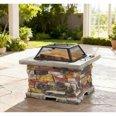 28" Outdoor Wood Bruning Magnesium Oxide Fire Pit with Lid, Stone Gray