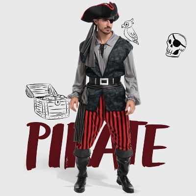 Joyfy Men Pirate Costume, Adult Pirate Shirt Vest Viking Pants Hat Set for Halloween Themed Parties