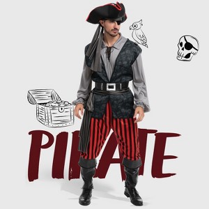 Joyfy Men Pirate Costume, Adult Pirate Shirt Vest Viking Pants Hat Set for Halloween Themed Parties - 1 of 4