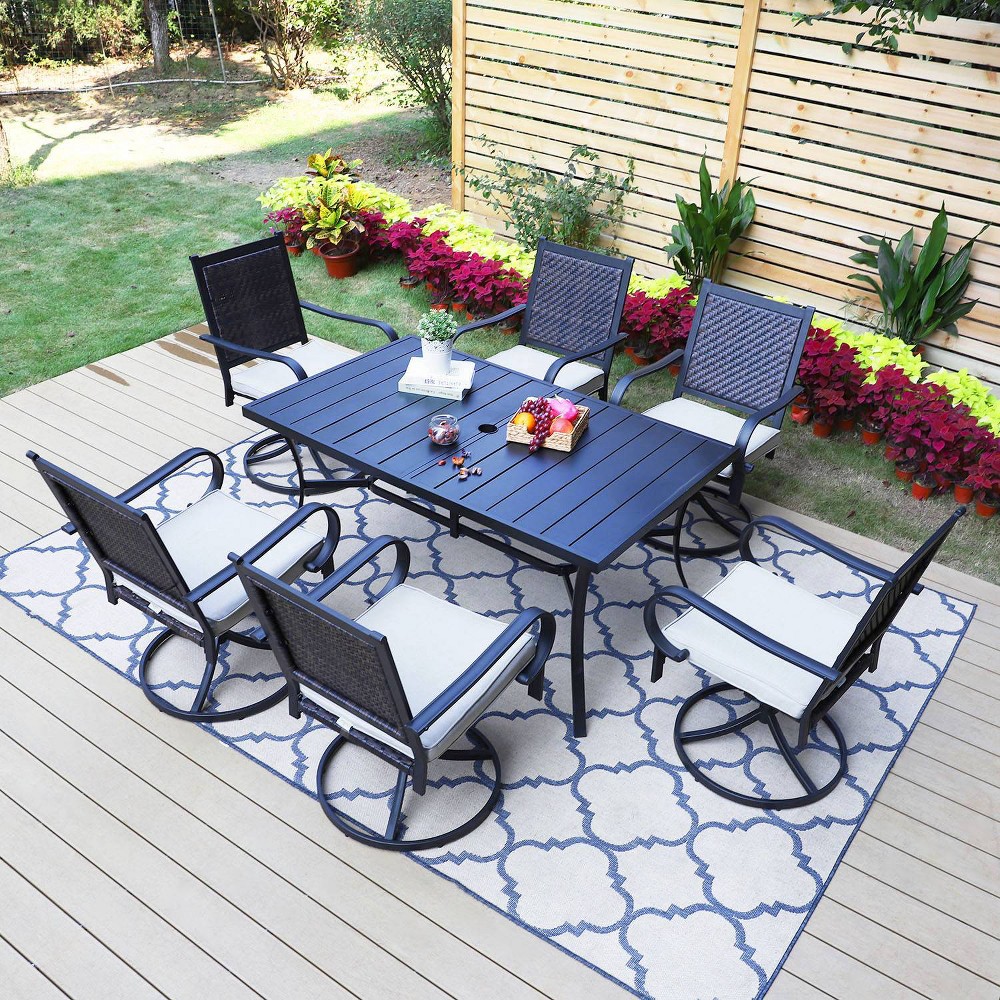 7pc Patio Dining Set with 360 Swivel Chairs with Cushions and 59x35 Steel Table Captiva Designs