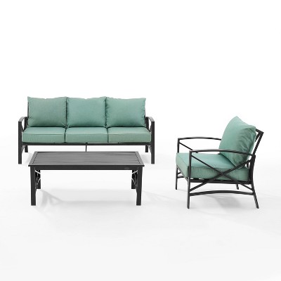 Mist Green Steel 3-Piece Outdoor Sofa Set with Cushions