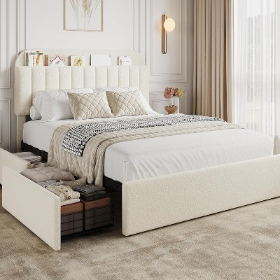 Coucheta Queen Upholstered Storage Bed Frame - Bookcase Headboard with 2 Drawers, Boucle Fabric Platform, No Box Spring, Beige
