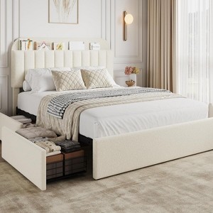 Coucheta Queen Upholstered Storage Bed Frame - Bookcase Headboard with 2 Drawers, Boucle Fabric Platform, No Box Spring, Beige - 1 of 4