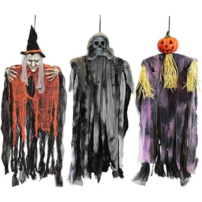 Joyfy 3 Pack 35’’ Halloween Hanging Ghosts Witch Pumpkin Outdoor Decorations, Scary Flying Witch Grim Reapers Front Porch Yard Garden Party Decor