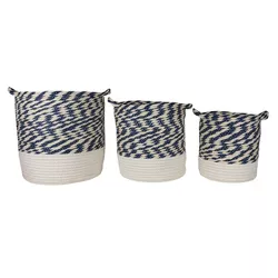 Set of 3 White & Blue Baskets Cotton & Rope - Foreside Home & Garden