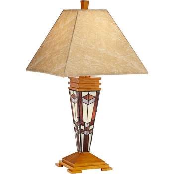 Robert Louis Tiffany Mission Rustic Nightlight Table Lamp with Table Top Dimmer 30" Tall Wood Finish Art Glass Faux Leather Shade Bedroom