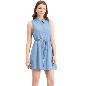 Allegra K Women's Sleeveless Point Collar Drawstring Waist Button Down Shirtdress - 1 of 4