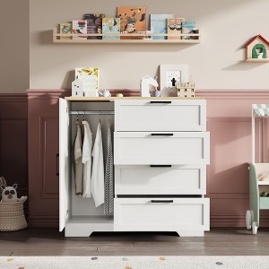 43.3" H Armoire Wardrobe Closet with 4 Drawers & Hanging Rod, Multifunctional Wood Storage Cabinet, Freestanding Dresser for Bedroom - 1 of 4
