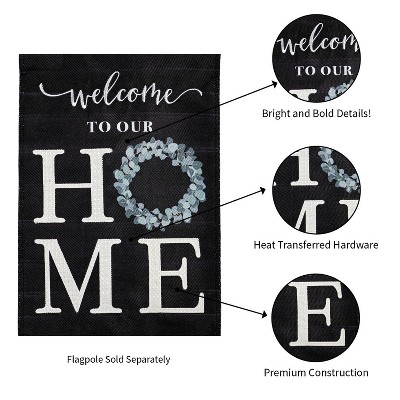 Black Burlap Welcome Garden Flag with Eucalyptus Wreath