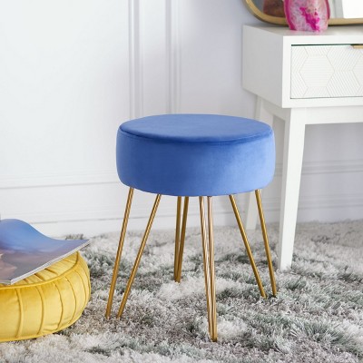 Velvet Steel Blue Round Ottoman with Gold Hairpin Legs