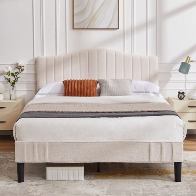 VECELO Bed Frame, Upholstered Platform Bed with Sheepskin Fabric Adjustable Headboard