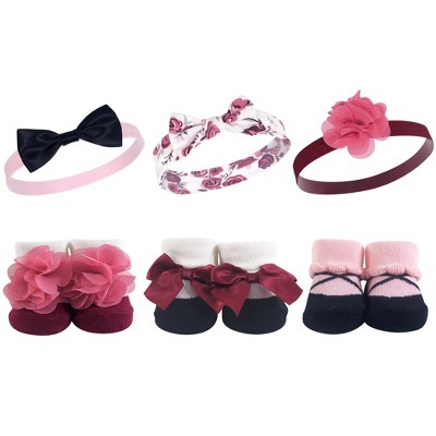 Hudson Baby Infant Girl Headband and Socks Giftset 6pc, Burgundy Floral, One Size