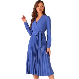 Allegra K Women's Lapel Collar Long Sleeve Casual Office Belt Pleated Midi Dress - 1 of 4
