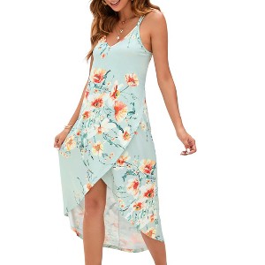 Coolmee Women's Summer Wrap V Neck Dress Sleeveless Spaghetti Strap Midi Dress with Irregular Hemline - 1 of 4