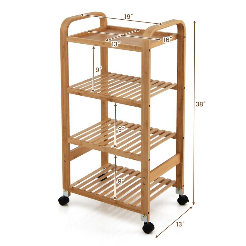 Costway 4-Tier Kitchen Serving Trolley Cart Mobile Bamboo Storage Shelf Lockable Casters, 2 of 11