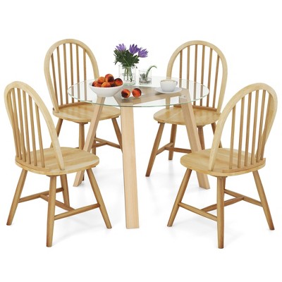 Tangkula 5 PCS Dining Set for 4 Round Table w/ 4 Chairs Solid Rubber Wood Frame Modern