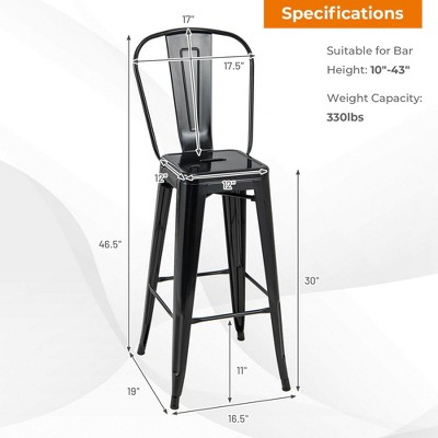 Set of 4 Black Metal Industrial Bar Stools with Backrest