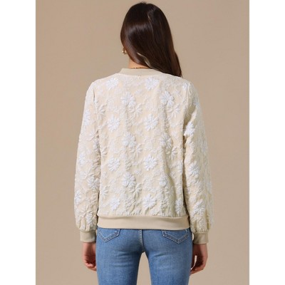 INSPIRE CHIC Women's Collarless Long Sleeve Floral Zip Up Ribbed Cuff Cropped Bomber Jackets Medium Khaki — фото 3