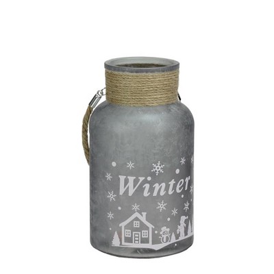 Northlight 10" Iced Winter Scene Pillar Candle Holder Lantern with Handle - Silver