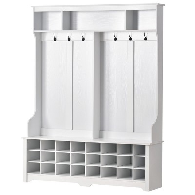 TiramisuBest Farmhouse 4-in-1 Hall Tree with Barn Doors,Movable Bench,7 Hooks,Shoe Storage Cabinet&6 Brake Wheels,76.9" Tall Entryway Organizer,White