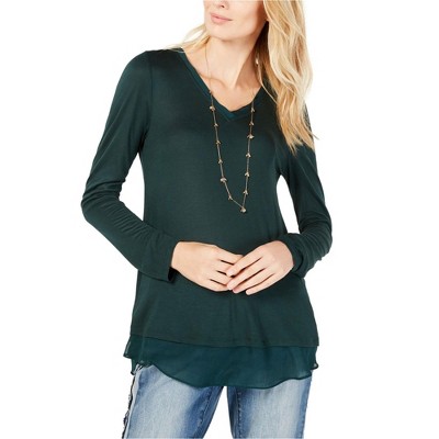 I.N.C International Concepts Womens Sheer trim Basic T-Shirt, Green, Medium