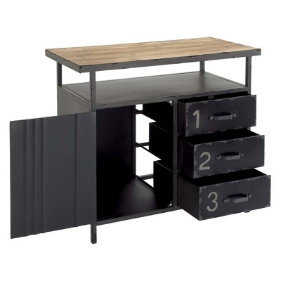Gray Industrial Metal Cabinet with Wood Top and Drawers