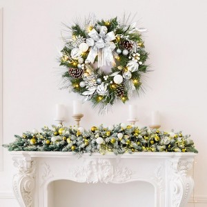 24 Inch Christmas Wreath, Silver White Christmas Wreaths for Front Door with 20 LED Lights, Prelit Xmas Wreath with Ball Ornaments Pine Cone - 1 of 4