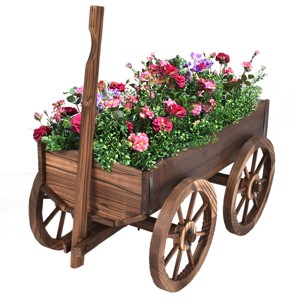 Tangkula Outdoor Flower Planter Wood Wagon Decoration Wheels - 1 of 4