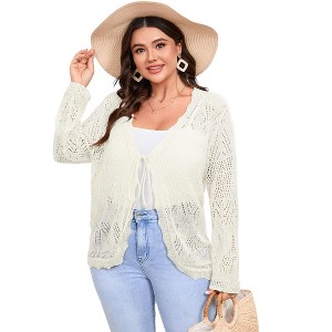 Women's Plus Size Tie Front Cardigan Sweaters Long Sleeve Bow Sweater Fall Winter Trendy Outerwear Tops - 1 of 4