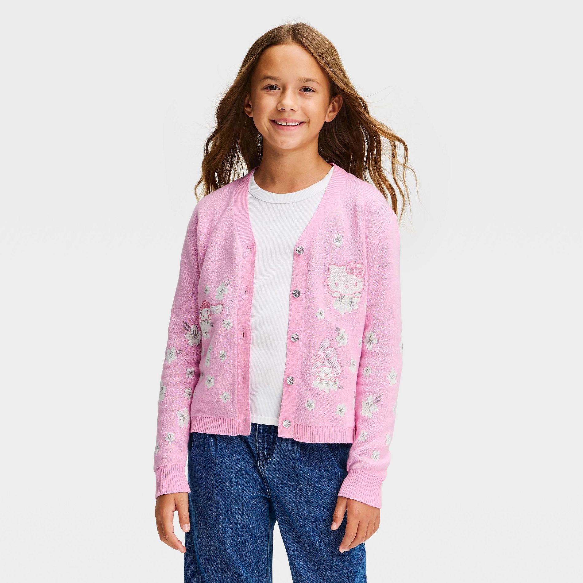Girls' Hello Kitty Camo Front and Back Cardigan Sweater - Light Pink