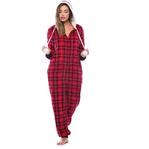 Just Love Womens One Piece Winter Holiday Adult Bodysuit Faux Shearling Lined Hoody Xmas Pajamas - 1 of 4