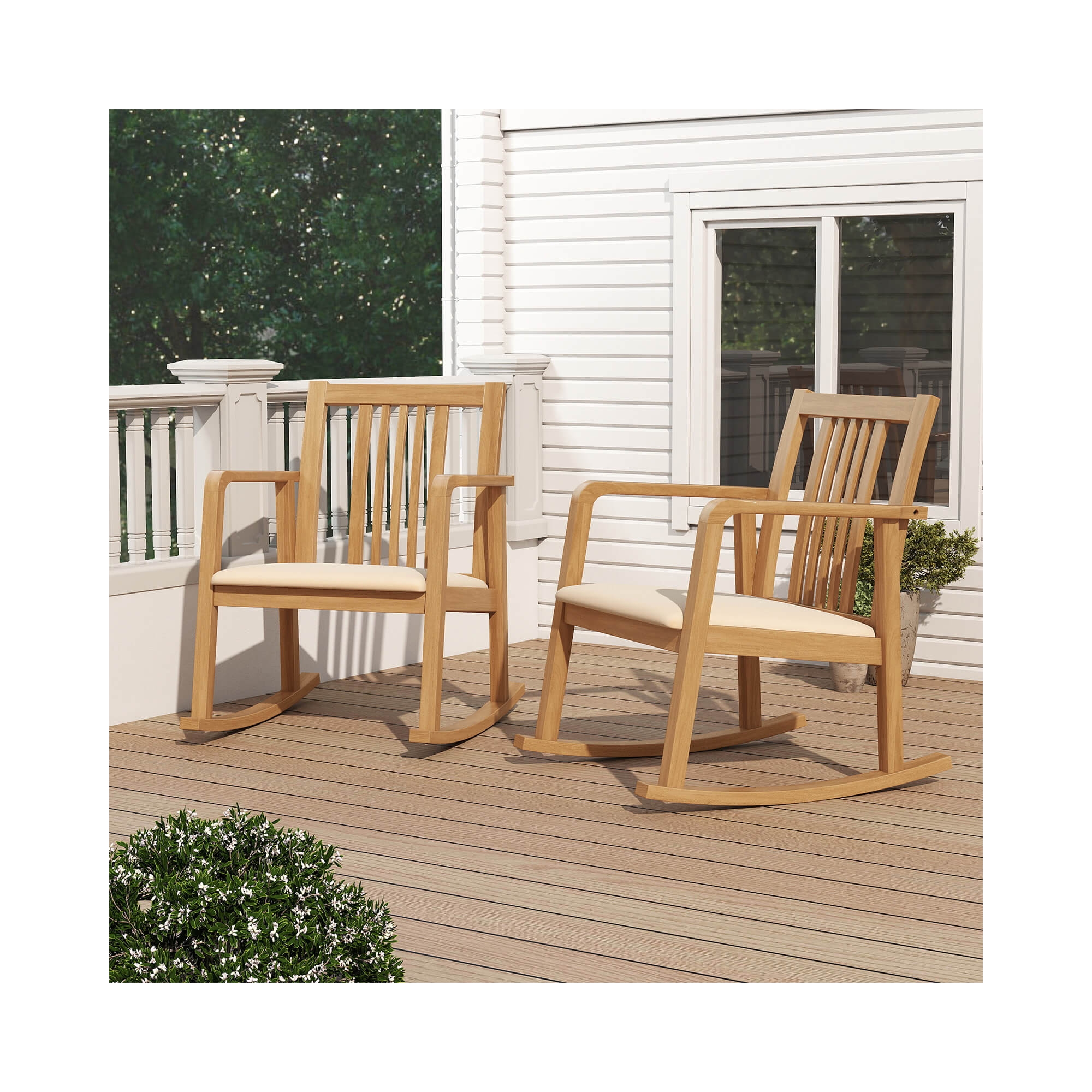 Costway 2 PCS Rocking Chair with Cushioned Seat, Slatted Back & Curved Armrests for Bedroom Natural + Beige