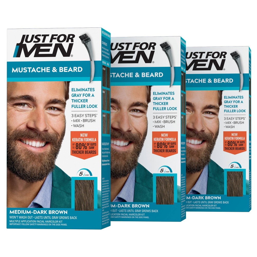 Photos - Hair Dye Just For Men Mustache & Beard Coloring for Gray Hair with Brush Included - Medium Dark Brown M40 - 3pk