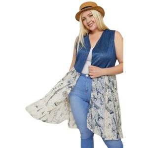 Slickblue Women's Lace Cardigan, Sleeveless & Printed Design, Long Silhouette Layer, Denim Blue Prints, 1XL-3XL - 1 of 4