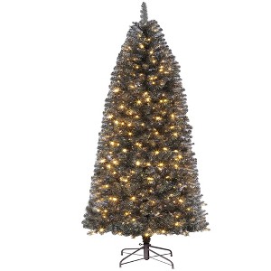 Artificial Black Xmas Tree,Pencil Christmas Tree,with 300 Dual Color LED Lights, Metal Stand & 858 Branch Tips,Christmas Party Decor - 1 of 4