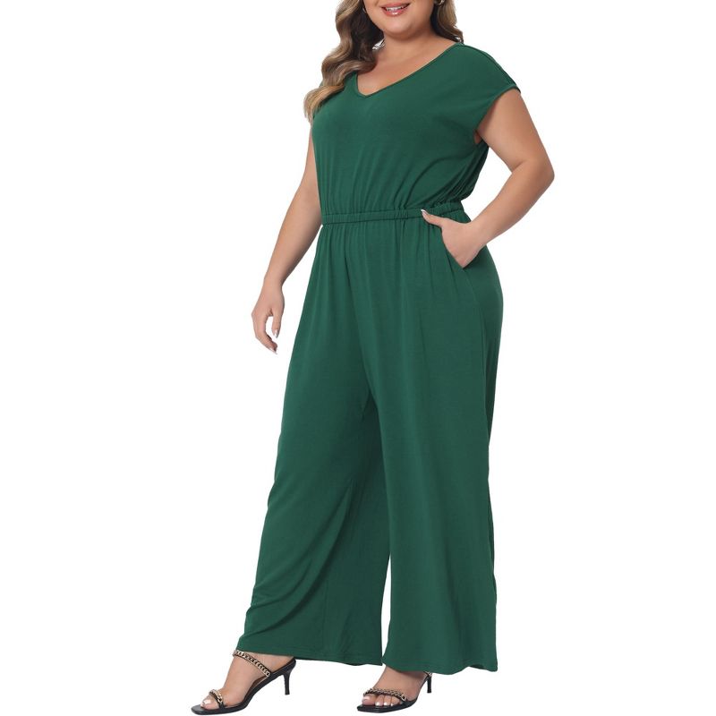 Agnes Orinda Women's Plus Size V Neck Cap Sleeve Wide Legs with Pockets Casual Jumpsuits, 2 of 6